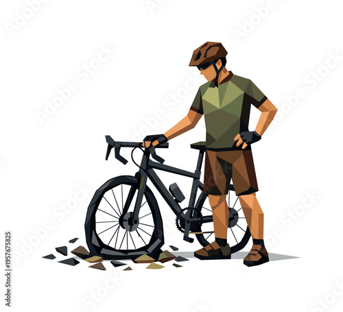 Low-poly vector illustration of a cyclist stabilizing after a tire puncture, angular faceted body upright with crisp triangular
