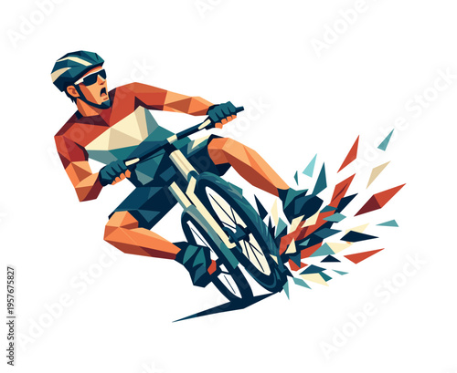 Low-poly vector illustration of a cyclist in mid-motion reacting to a tire puncture, faceted triangular limbs bracing while