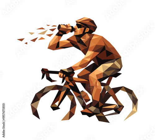 Low-poly vector illustration of a cyclist taking a sip from a water bottle mid-ride, faceted athlete figure built from sharp