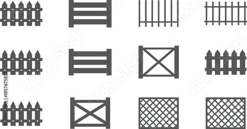 Gray fence vector icon set featuring wooden picket, lattice panels and garden boundary designs, minimal flat style isolated on white background