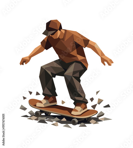 Low-poly vector illustration of a skateboarder landing after a stair ollie, angular faceted body upright with crisp triangular
