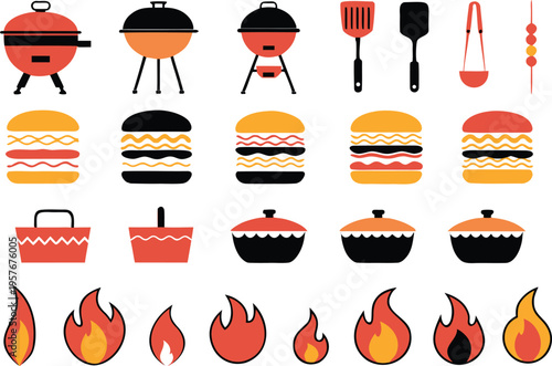 A collection of colorful flat icons featuring barbecue grills, burgers, cooking pots and fire flames Vector