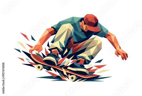 Dynamic Skateboarder Impact. Low-poly vector illustration of a skateboarder hitting the ground after a trick, faceted triangular