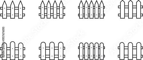 Outline wooden picket fence vector set featuring various panel shapes, minimal linear design icons, garden boundary elements isolated on white background collection