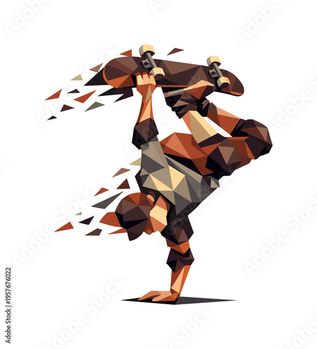Low-poly vector illustration of a skateboarder performing a hand plant, faceted skater figure built from sharp triangular polygon