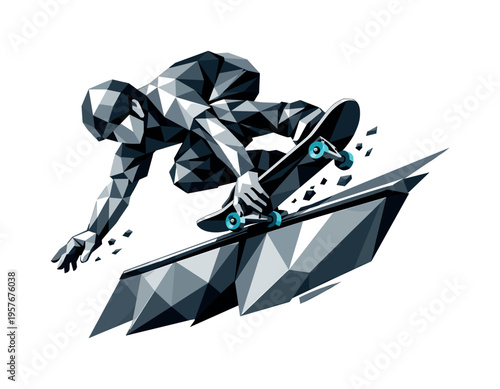 Low-poly vector illustration of a skateboarder approaching a hand plant, angular faceted body crouched low with triangular limbs