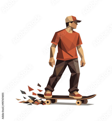 Low-poly vector illustration of a skateboarder stabilizing after a kick push, angular faceted body upright with crisp triangular