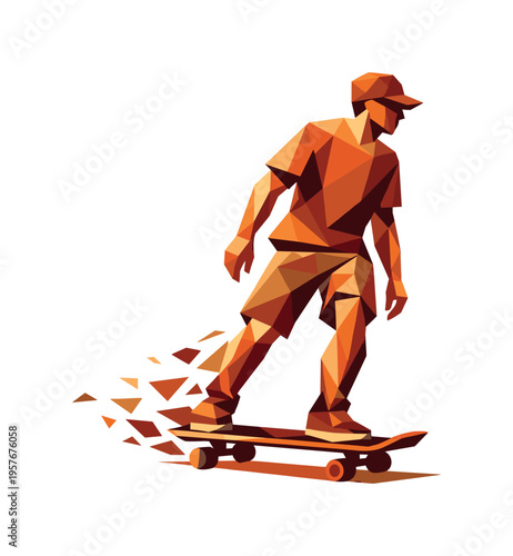 Low-poly vector illustration of a skateboarder cruising at sunset, faceted skater figure built from sharp triangular polygon