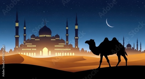 silhouette of camel and riders at desert mosque under crescent moon night sky