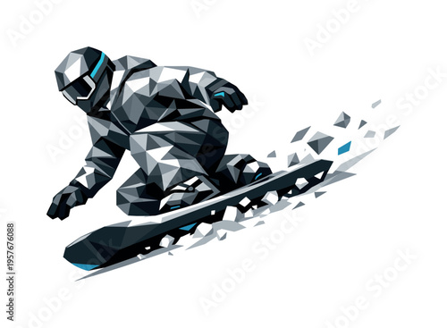 Low-poly vector illustration of a snowboarder approaching a powder turn, angular faceted body crouched low with triangular limbs