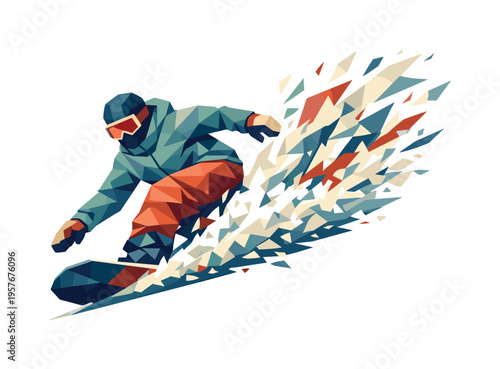 Low-poly vector illustration of a snowboarder executing a powder slash, faceted triangular limbs and board angled while explosive