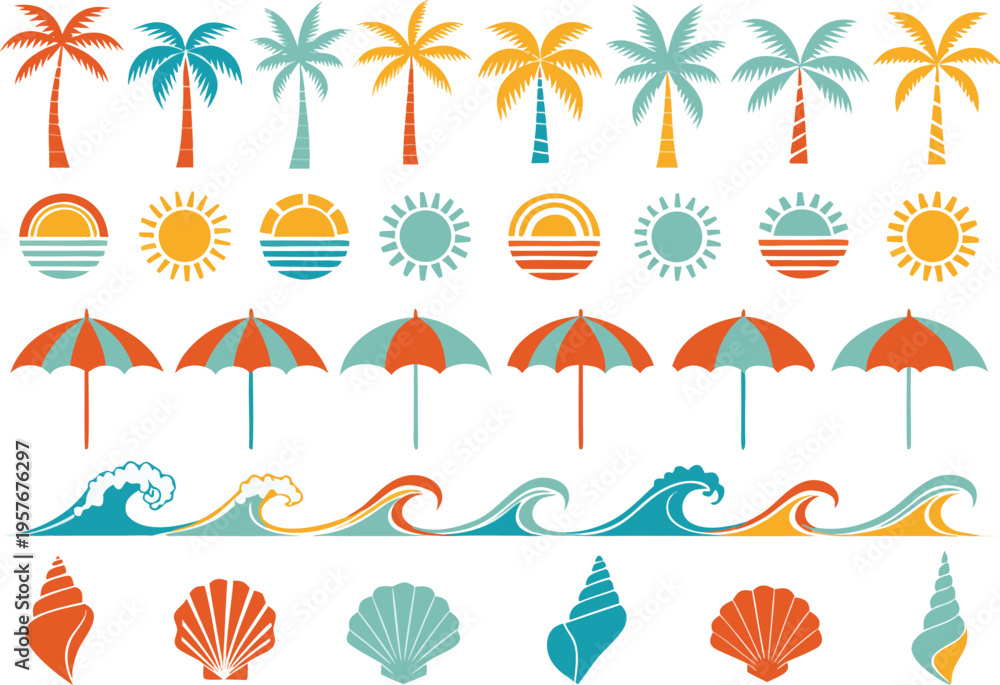 Obraz premium A collection of colorful summer beach icons featuring palm trees suns umbrellas waves and seashells Vector