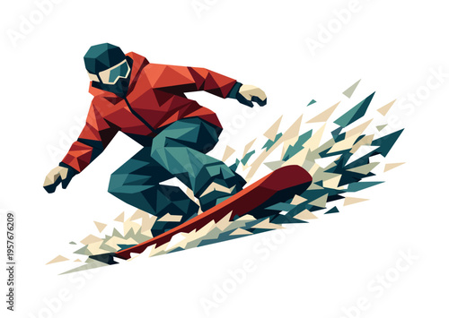 Low-poly vector illustration of a snowboarder actively carving through stormy snow, faceted triangular limbs and board angled