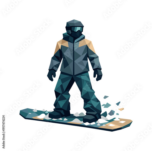 Low-poly vector illustration of a snowboarder stabilizing after navigating the storm, angular faceted body upright with crisp