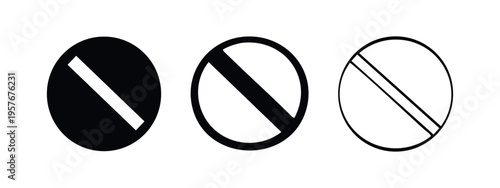 No entry sign icon set. Prohibition symbol with diagonal line in circle shape. Warning or stop vector illustration.