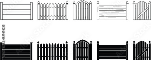 Set of wooden fence and gate icons in outline and silhouette styles isolated on white background, garden boundary design vector illustration collection