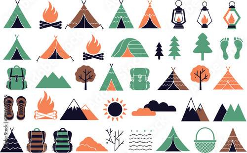Set of colorful flat vector icons representing camping equipment and outdoor wilderness elements Vector