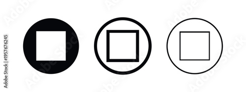 Stop icon set. Pause button symbol with square in circle shape. Multimedia control vector illustration.