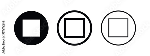 Stop icon set. Pause button symbol with square in circle shape. Multimedia control vector illustration.