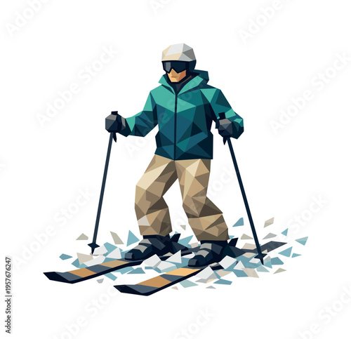 Geometric Skier Motion. Low-poly vector illustration of a skier stabilizing after a mogul bounce, angular faceted body upright