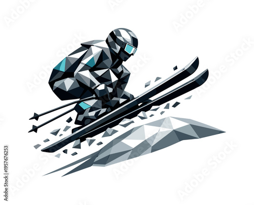Low-poly vector illustration of a skier approaching a mogul for a bounce, angular faceted body crouched low with triangular limbs