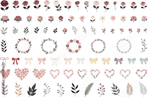 A collection of floral elements featuring roses wreaths bows and botanical leaves in soft colors Vector