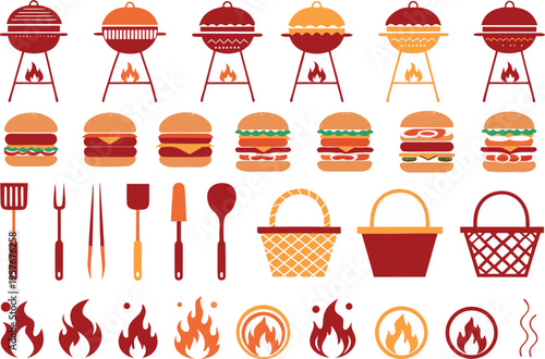 Set of various barbecue grills and fresh burgers with picnic baskets and decorative flame icons Vector