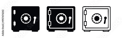Safe box icon set. Security vault or money locker symbol with combination dial. Protection vector illustration.