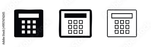 Calculator icon set. Digital arithmetic device symbol with display and keypad. Calculation vector illustration.