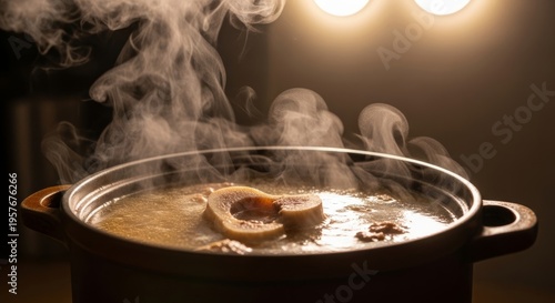 Steaming pot of bone broth with marrow cooking in cozy kitchen