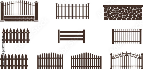 Set of decorative fence and gate icons including metal, wooden and stone styles isolated on white background, garden boundary design vector illustration collection
