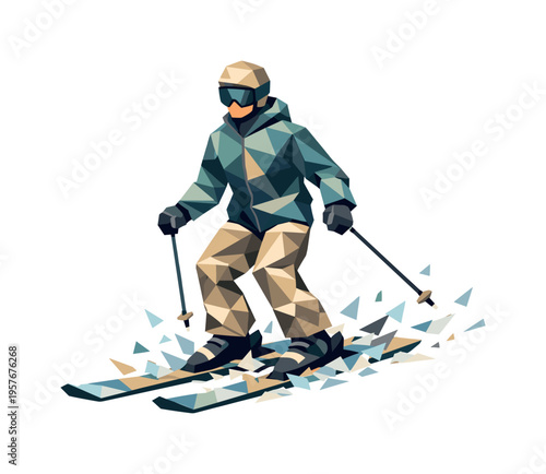 Low-poly vector illustration of a skier stabilizing after a jump grab, angular faceted body upright with crisp triangular