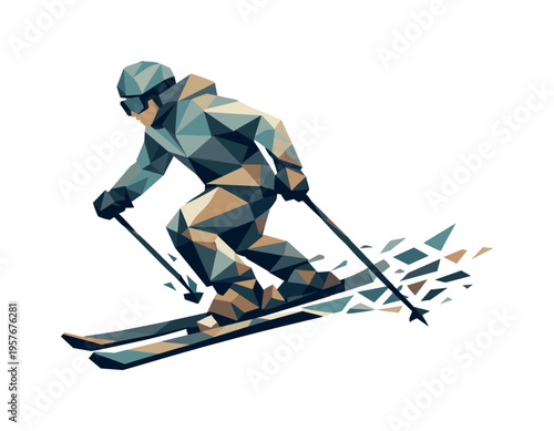 Low-poly vector illustration of a skier performing a pole plant, faceted athlete figure built from sharp triangular polygon