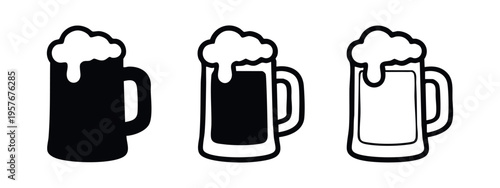 Beer mug icon set. Foamy alcoholic beverage symbol for pub or bar menu. Drink vector illustration.