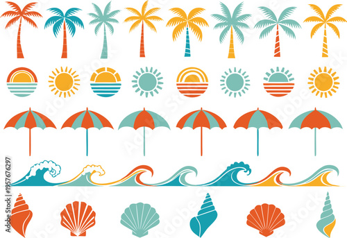 A collection of colorful summer beach icons featuring palm trees suns umbrellas waves and seashells Vector