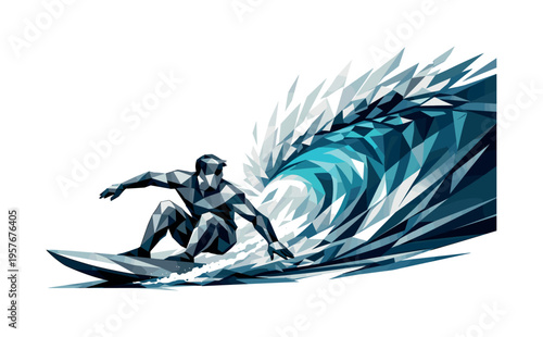 Low-poly vector illustration of a surfer approaching a wave section for a cutback, crouched low with angular arms, faceted body