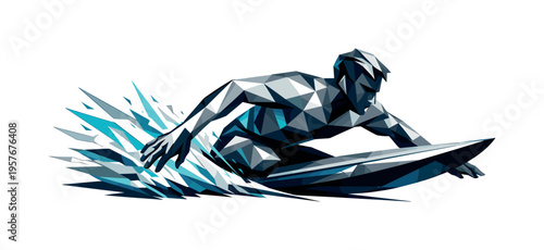 Low-poly vector illustration of a surfer launching into a paddle sprint, crouched low with angular arms and faceted torso,