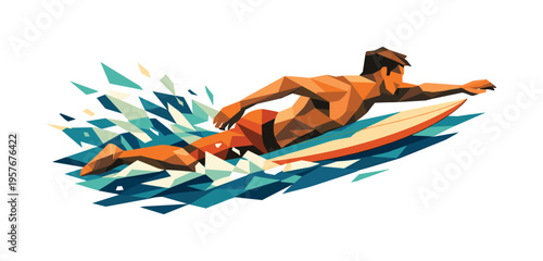 Low-poly vector illustration of a surfer mid-paddle sprint, body fully extended with angular limbs, diagonal dynamic composition,