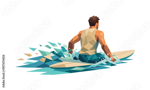 Low-poly vector illustration of a surfer finishing the paddle sprint, body upright with angular arms still pushing water,