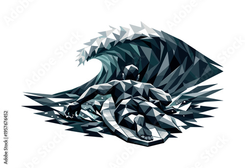 Futuristic Surfer Adventure. Low-poly vector illustration of a surfer paddling into a giant storm swell, angular arms cutting