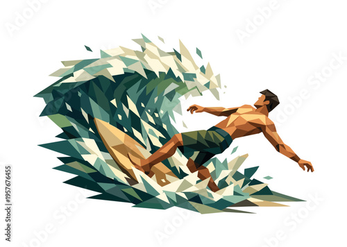 Low-poly vector illustration of a surfer struggling against a crashing reef wave, faceted body leaning back to maintain balance,