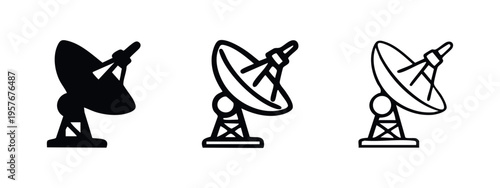 Satellite dish and radar antenna icon set for communication and broadcast technology