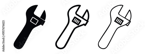 Adjustable wrench tool vector icon set