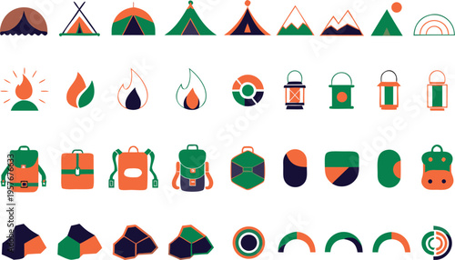 A comprehensive collection of flat vector icons representing camping equipment and outdoor gear Vector