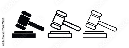 Gavel icon set. Judge's hammer symbol for law, justice, and auction in solid, outlined, and hand-drawn styles.