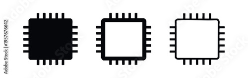 Microchip icon set. Square computer processor or circuit board symbol in solid, outlined, and hand-drawn styles.
