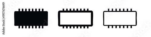 Rectangular microchip icon set. Processor or integrated circuit symbol in solid, outlined, and hand-drawn styles.