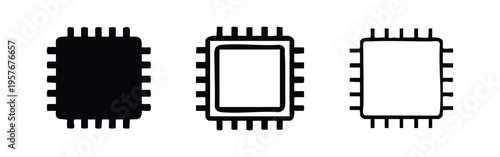 Square microchip icon set with rounded corners. Computer processing unit symbol in solid, outlined, and hand-drawn styles.