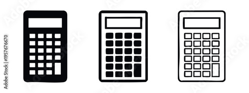 Detailed calculator icon set. Financial or scientific computing device symbol in solid, outlined, and hand-drawn styles.