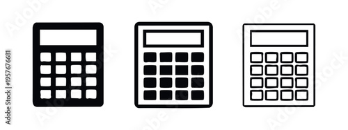 Basic calculator icon set. Mathematical device symbol with display and buttons in solid, outlined, and hand-drawn styles.